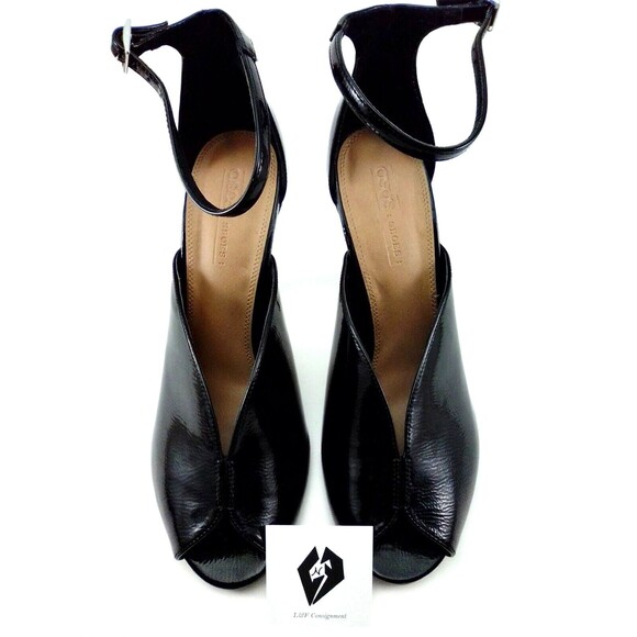 ASOS Ankle Strap Close Peep Toe Patent Leather Black 4'' Fat Cone Heels Size 7 - Picture 1 of 6